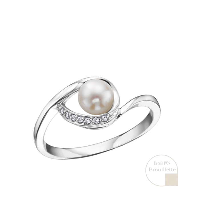 Bague pour femme en or blanc 10K avec perle et diamants de 0.035 carat (DD2280)