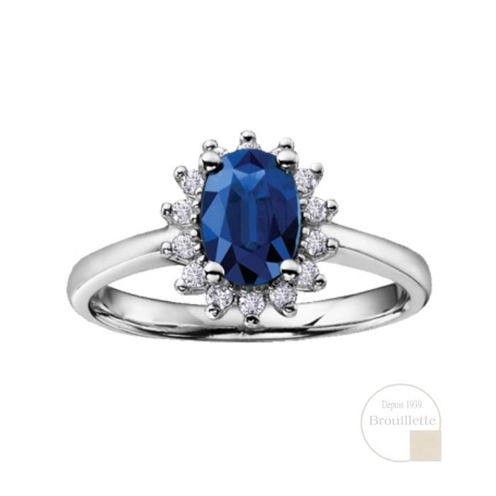Bague pour femme en or blanc 10K avec diamants et saphir bleu  (DD2464)