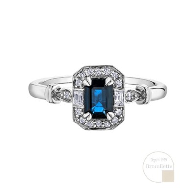Bague pour femme en or blanc 10K avec saphir bleu, saphirs blancs et diamants 0.08 carat (DD7483)