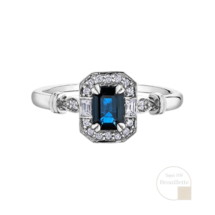 Bague pour femme en or blanc 10K avec saphir bleu, saphirs blancs et diamants 0.08 carat (DD7483)