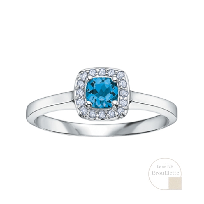 Bague pour femme en or blanc 10K avec topaze bleue et diamants 0.07 carat (DD7581)